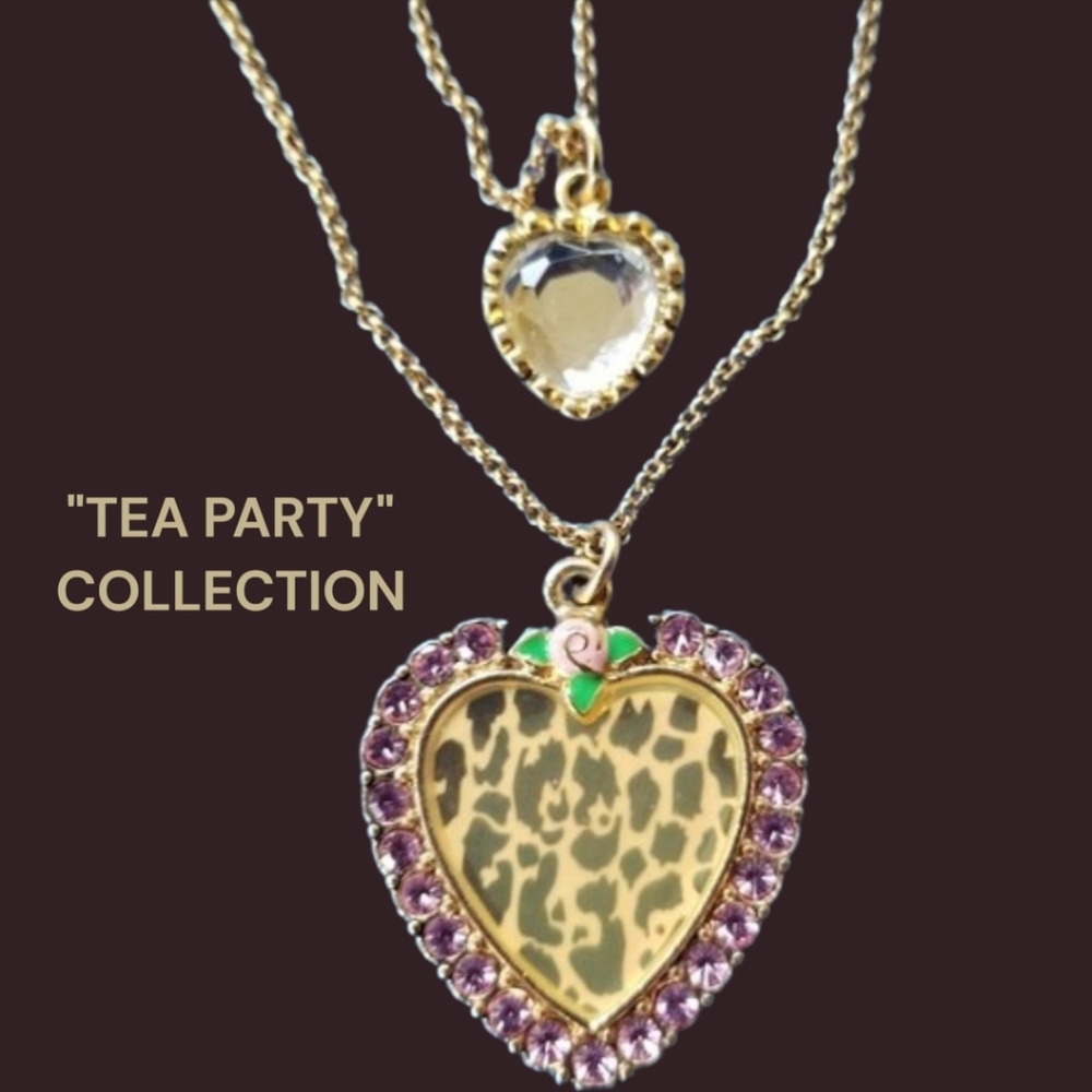 🌹🩷Betsey TEA PARTY VTG HTF Cheetah Leopard Print Rosebud Heart Necklace - EPC
